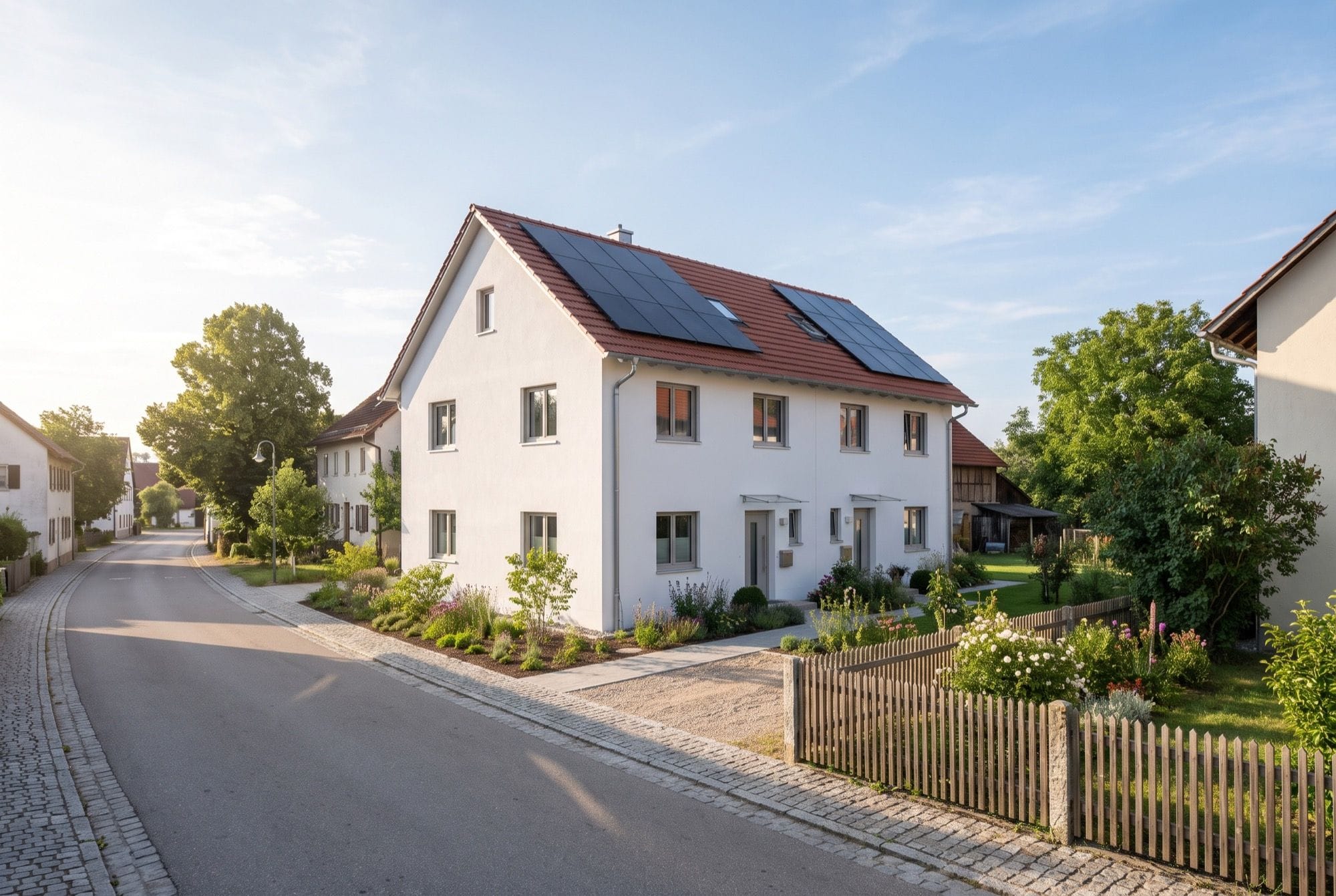 Frisch saniertes Zweifamilienhaus mit heller Fassade und Photovoltaik in einer Dorfstraße bei Berlin