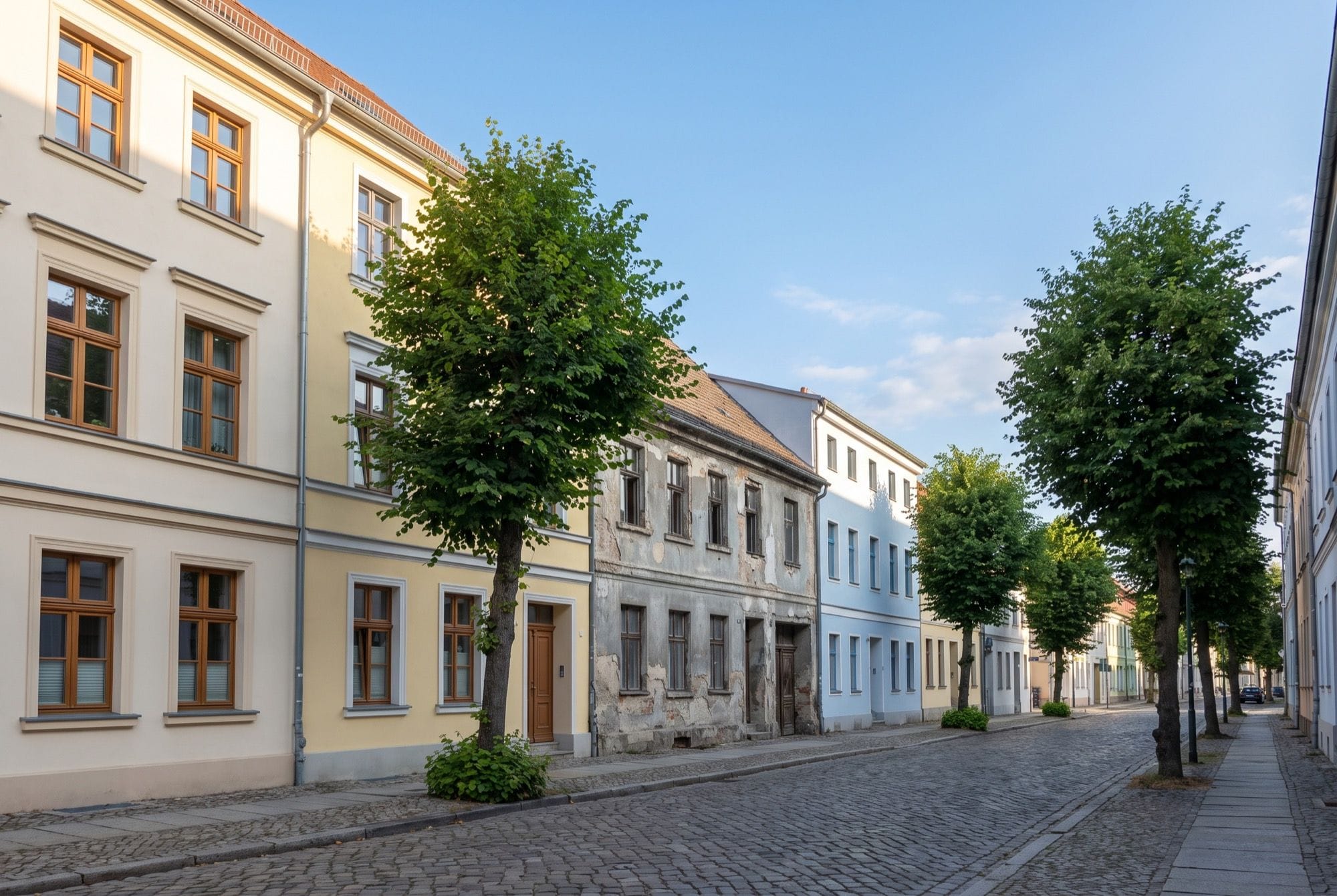 Kleinstadtstraße in Brandenburg mit teils sanierten Altbauten