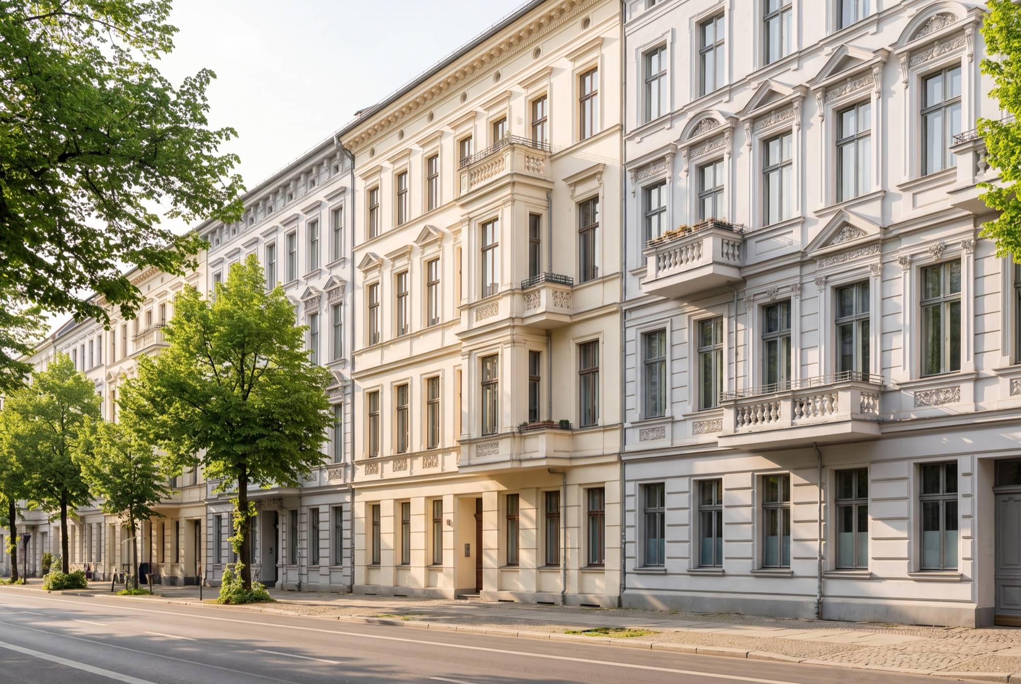 Berliner Gründerzeitstraße mit hellen sanierten Fassaden