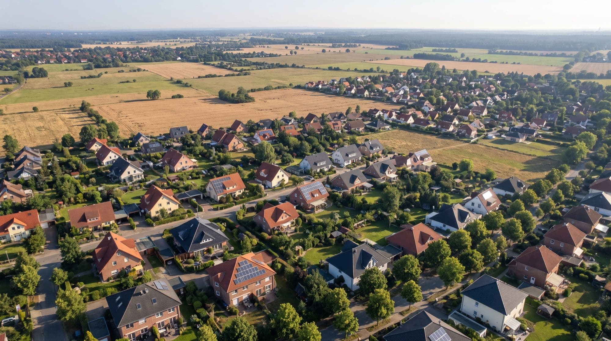Luftbild einer Wohnsiedlung mit Feldern am Rand, wie sie im Umkreis von Ahrensfelde typisch ist